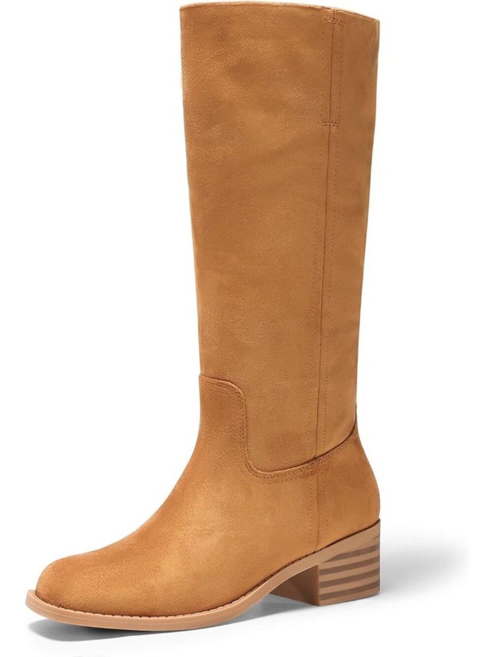 Women's Brown Suede Square Toe Chunky Low Block Heel Comfortable Knee High Boots